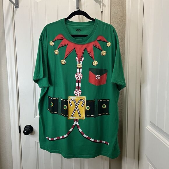 Holiday Time Green Christmas Elf Graphic Print Tee Short Sleeve Mens Size 2XL - Picture 2 of 8